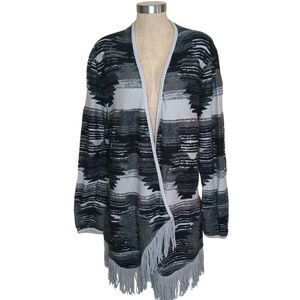 Lucky Brand Cardigan Sweater Womens  Size L Aztec Boho Fringed Open Black Grey